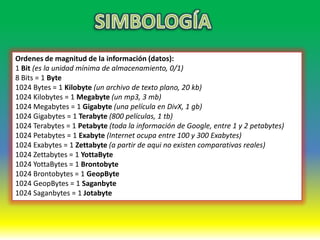 Ordenes de magnitud de la información (datos):
1 Bit (es la unidad mínima de almacenamiento, 0/1)
8 Bits = 1 Byte
1024 Bytes = 1 Kilobyte (un archivo de texto plano, 20 kb)
1024 Kilobytes = 1 Megabyte (un mp3, 3 mb)
1024 Megabytes = 1 Gigabyte (una película en DivX, 1 gb)
1024 Gigabytes = 1 Terabyte (800 películas, 1 tb)
1024 Terabytes = 1 Petabyte (toda la información de Google, entre 1 y 2 petabytes)
1024 Petabytes = 1 Exabyte (Internet ocupa entre 100 y 300 Exabytes)
1024 Exabytes = 1 Zettabyte (a partir de aqui no existen comparativas reales)
1024 Zettabytes = 1 YottaByte
1024 YottaBytes = 1 Brontobyte
1024 Brontobytes = 1 GeopByte
1024 GeopBytes = 1 Saganbyte
1024 Saganbytes = 1 Jotabyte
 