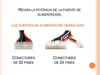 REVISA LA POTENCIA DE LA FUENTE DE
ALIMENTACIÓN.
LAS FUENTES DE ALIMENTACIÓN VIENEN CON:
CONECTORES
DE 20 PINES
CONECTORES
DE 24 PINES
 