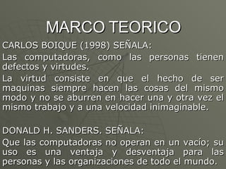 MARCO TEORICO CARLOS BOIQUE (1998) SEÑALA: Las computadoras, como las personas tienen defectos y virtudes. La virtud consiste en que el hecho de ser maquinas siempre hacen las cosas del mismo modo y no se aburren en hacer una y otra vez el mismo trabajo y a una velocidad inimaginable. DONALD H. SANDERS. SEÑALA: Que las computadoras no operan en un vacío; su uso es una ventaja y desventaja para las personas y las organizaciones de todo el mundo. 