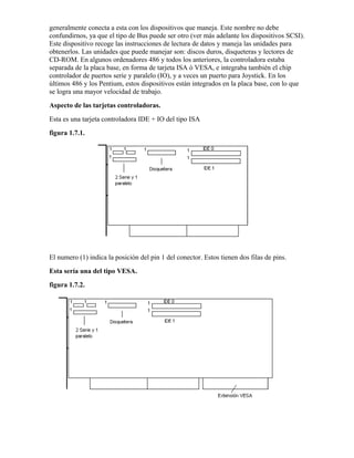 generalmente conecta a esta con los dispositivos que maneja. Este nombre no debe
confundirnos, ya que el tipo de Bus puede ser otro (ver más adelante los dispositivos SCSI).
Este dispositivo recoge las instrucciones de lectura de datos y maneja las unidades para
obtenerlos. Las unidades que puede manejar son: discos duros, disqueteras y lectores de
CD-ROM. En algunos ordenadores 486 y todos los anteriores, la controladora estaba
separada de la placa base, en forma de tarjeta ISA ó VESA, e integraba también el chip
controlador de puertos serie y paralelo (IO), y a veces un puerto para Joystick. En los
últimos 486 y los Pentium, estos dispositivos están integrados en la placa base, con lo que
se logra una mayor velocidad de trabajo.
Aspecto de las tarjetas controladoras.
Esta es una tarjeta controladora IDE + IO del tipo ISA
figura 1.7.1.




El numero (1) indica la posición del pin 1 del conector. Estos tienen dos filas de pins.
Esta sería una del tipo VESA.
figura 1.7.2.
 