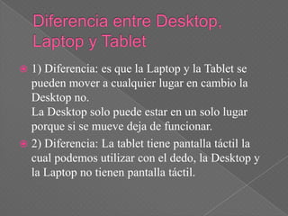  1) Diferencia: es que la Laptop y la Tablet se
  pueden mover a cualquier lugar en cambio la
  Desktop no.
  La Desktop solo puede estar en un solo lugar
  porque si se mueve deja de funcionar.
 2) Diferencia: La tablet tiene pantalla táctil la
  cual podemos utilizar con el dedo, la Desktop y
  la Laptop no tienen pantalla táctil.
 