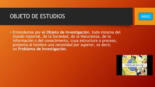 OBJETO DE ESTUDIOS
• Entendemos por el Objeto de Investigación, todo sistema del
mundo material, de la Sociedad, de la Naturaleza, de la
información o del conocimiento, cuya estructura o proceso,
presenta al hombre una necesidad por superar, es decir,
un Problema de Investigación.
INDICE
 
