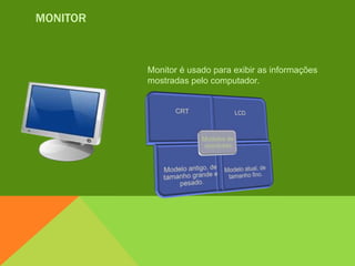 MONITOR



          Monitor é usado para exibir as informações
          mostradas pelo computador.
 