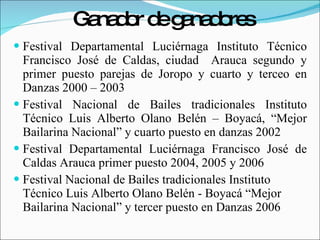   Ganador de ganadores Festival Departamental Luciérnaga Instituto Técnico Francisco José de Caldas, ciudad  Arauca segundo y primer puesto parejas de Joropo y cuarto y terceo en Danzas 2000 – 2003 Festival Nacional de Bailes tradicionales Instituto Técnico Luis Alberto Olano Belén – Boyacá, “Mejor Bailarina Nacional” y cuarto puesto en danzas 2002 Festival Departamental Luciérnaga Francisco José de Caldas Arauca primer puesto 2004, 2005 y 2006  Festival Nacional de Bailes tradicionales Instituto Técnico Luis Alberto Olano Belén - Boyacá “Mejor Bailarina Nacional” y tercer puesto en Danzas 2006 