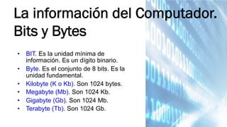 •  BIT. Es la unidad mínima de
información. Es un dígito binario.
•  Byte. Es el conjunto de 8 bits. Es la
unidad fundamental.
•  Kilobyte (K o Kb). Son 1024 bytes.
•  Megabyte (Mb). Son 1024 Kb.
•  Gigabyte (Gb). Son 1024 Mb.
•  Terabyte (Tb). Son 1024 Gb.
La información del Computador.
Bits y Bytes
 