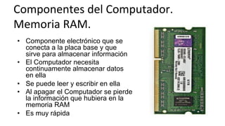Componentes	
  del	
  Computador.	
  	
  
Memoria	
  RAM.	
  
•  Componente electrónico que se
conecta a la placa base y que
sirve para almacenar información
•  El Computador necesita
continuamente almacenar datos
en ella
•  Se puede leer y escribir en ella
•  Al apagar el Computador se pierde
la información que hubiera en la
memoria RAM
•  Es muy rápida
 