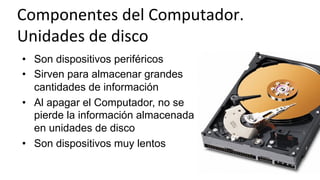 Componentes	
  del	
  Computador.	
  	
  
Unidades	
  de	
  disco	
  
•  Son dispositivos periféricos
•  Sirven para almacenar grandes
cantidades de información
•  Al apagar el Computador, no se
pierde la información almacenada
en unidades de disco
•  Son dispositivos muy lentos
 