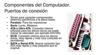 Componentes del Computador.
Puertos de conexión
•  Sirven para conectar componentes
externos (periféricos a la placa base)
•  Paralelo: Para las impresoras
•  Serie: Lento. Módems
•  ATA o Ultra ATA: Conexión interna
utilizada para los discos duros (se suele
indicar la velocidad, por ejemplo ATA100)
•  SCSI: Conexión interna para los discos
duros, más rápida y más cara (utilizada en
servidores)
•  SATA o Serial ATA. Nueva conexión tipo
ATA más rápida y más pequeña que la
original.
 