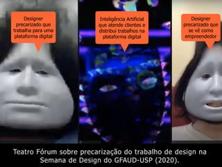 Teatro Fórum sobre precarização do trabalho de design na
Semana de Design do GFAUD-USP (2020).
Inteligência Artificial
que atende clientes e
distribui trabalhos na
plataforma digital
Designer
precarizado que
trabalha para uma
plataforma digital
Designer
precarizado que
se vê como
empreendedor
 