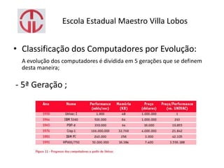 Escola Estadual Maestro Villa Lobos
• Classificação dos Computadores por Evolução:
A evolução dos computadores é dividida em 5 gerações que se definem
desta maneira;
- 5ª Geração ;
 