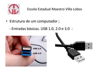 Escola Estadual Maestro Villa Lobos
• Estrutura de um computador ;
- Entradas básicas. USB 1.0, 2.0 e 3.0 :
 