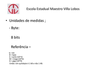 Escola Estadual Maestro Villa Lobos
• Unidades de medidas ;
- Byte:
8 bits
Referência –
b = bit
B = byte
k = quilo (10^3)
M = mega (10^6)
G = giga (10^9)
Então: Um quilobyte é 1 kB e não 1 KB.
 