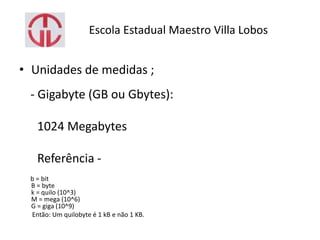Escola Estadual Maestro Villa Lobos
• Unidades de medidas ;
- Gigabyte (GB ou Gbytes):
1024 Megabytes
Referência -
b = bit
B = byte
k = quilo (10^3)
M = mega (10^6)
G = giga (10^9)
Então: Um quilobyte é 1 kB e não 1 KB.
 
