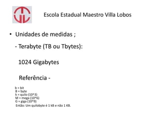 Escola Estadual Maestro Villa Lobos
• Unidades de medidas ;
- Terabyte (TB ou Tbytes):
1024 Gigabytes
Referência -
b = bit
B = byte
k = quilo (10^3)
M = mega (10^6)
G = giga (10^9)
Então: Um quilobyte é 1 kB e não 1 KB.
 