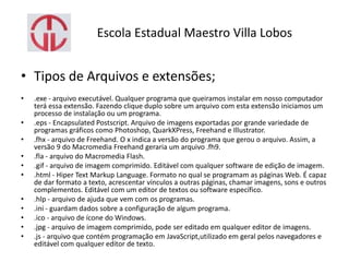 Escola Estadual Maestro Villa Lobos
• Tipos de Arquivos e extensões;
• .exe - arquivo executável. Qualquer programa que queiramos instalar em nosso computador
terá essa extensão. Fazendo clique duplo sobre um arquivo com esta extensão iniciamos um
processo de instalação ou um programa.
• .eps - Encapsulated Postscript. Arquivo de imagens exportadas por grande variedade de
programas gráficos como Photoshop, QuarkXPress, Freehand e Illustrator.
• .fhx - arquivo de Freehand. O x indica a versão do programa que gerou o arquivo. Assim, a
versão 9 do Macromedia Freehand geraria um arquivo .fh9.
• .fla - arquivo do Macromedia Flash.
• .gif - arquivo de imagem comprimido. Editável com qualquer software de edição de imagem.
• .html - Hiper Text Markup Language. Formato no qual se programam as páginas Web. É capaz
de dar formato a texto, acrescentar vínculos a outras páginas, chamar imagens, sons e outros
complementos. Editável com um editor de textos ou software específico.
• .hlp - arquivo de ajuda que vem com os programas.
• .ini - guardam dados sobre a configuração de algum programa.
• .ico - arquivo de ícone do Windows.
• .jpg - arquivo de imagem comprimido, pode ser editado em qualquer editor de imagens.
• .js - arquivo que contém programação em JavaScript,utilizado em geral pelos navegadores e
editável com qualquer editor de texto.
 