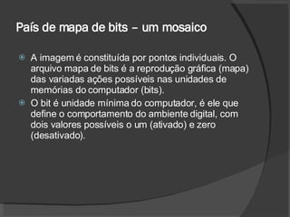 País de mapa de bits – um mosaico A imagem é constituída por pontos individuais. O arquivo mapa de bits é a reprodução gráfica (mapa) das variadas ações possíveis nas unidades de memórias do computador (bits). O bit é unidade mínima do computador, é ele que define o comportamento do ambiente digital, com dois valores possíveis o um (ativado) e zero (desativado). 