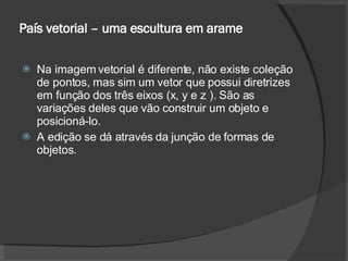 País vetorial – uma escultura em arame Na imagem vetorial é diferente, não existe coleção de pontos, mas sim um vetor que possui diretrizes em função dos três eixos (x, y e z ). São as variações deles que vão construir um objeto e posicioná-lo. A edição se dá através da junção de formas de objetos. 