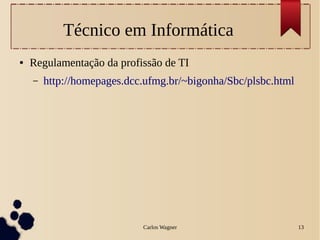 Carlos Wagner 13
Técnico em Informática
● Regulamentação da profissão de TI
– http://homepages.dcc.ufmg.br/~bigonha/Sbc/plsbc.html
 
