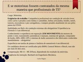 Carlos Wagner 16
E se motoristas fossem contratados da mesma
maneira que profissionais de TI?
Cargo: Motorista.
Exigências do trabalho: Competência profissional em condução de veículos leves
como carros e pesados como ônibus e caminhões, ônibus articulados, bondes, metrô,
tratores, escavadoras e pás carregadoras, e tanques pesados atualmente em uso pelos
países da OTAN.
Habilidades em Rali e de condução extremas são obrigatórios! Experiência na
Fórmula-1 é um diferencial.
Conhecimento e experiência em reparação (EM MOVIMENTO) de motores de
pistão e rotor, transmissões automáticas e manuais, sistemas de ignição, computador
de bordo, ABS, ABD, GPS e sistemas de áudio automotivo dos fabricantes conhecidos
mundialmente – obrigatória!
Experiência em tarefas de pintura e funilaria de automóveis é um diferencial.
Os candidatos devem ser certificados pela BMW, General Motors e Bosch, mas não
por mais de dois anos.
Compensação: R$ 15 – R$ 20/hora, dependendo do resultado da entrevista.
Exigências da instrução: Bacharel em Engenharia Mecânica.
 