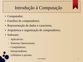 Carlos Wagner 3
Introdução à Computação
● Computador;
● Famílias de computadores;
● Representação de dados e caracteres;
● Arquitetura e organização de computadores;
● Software:
– Aplicativos;
– Sistemas Operacionais;
– Compiladores;
– Interpretadores;
– Utilitários e pacotes.
 