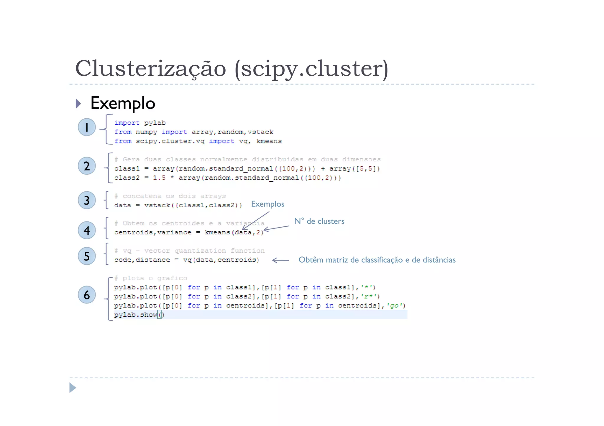 Clusterização (scipy.cluster)
    Exemplo
1


2

3               Exemplos

                           N° de clusters
4

5                           Obtêm matriz de classificação e de distâncias



6
 