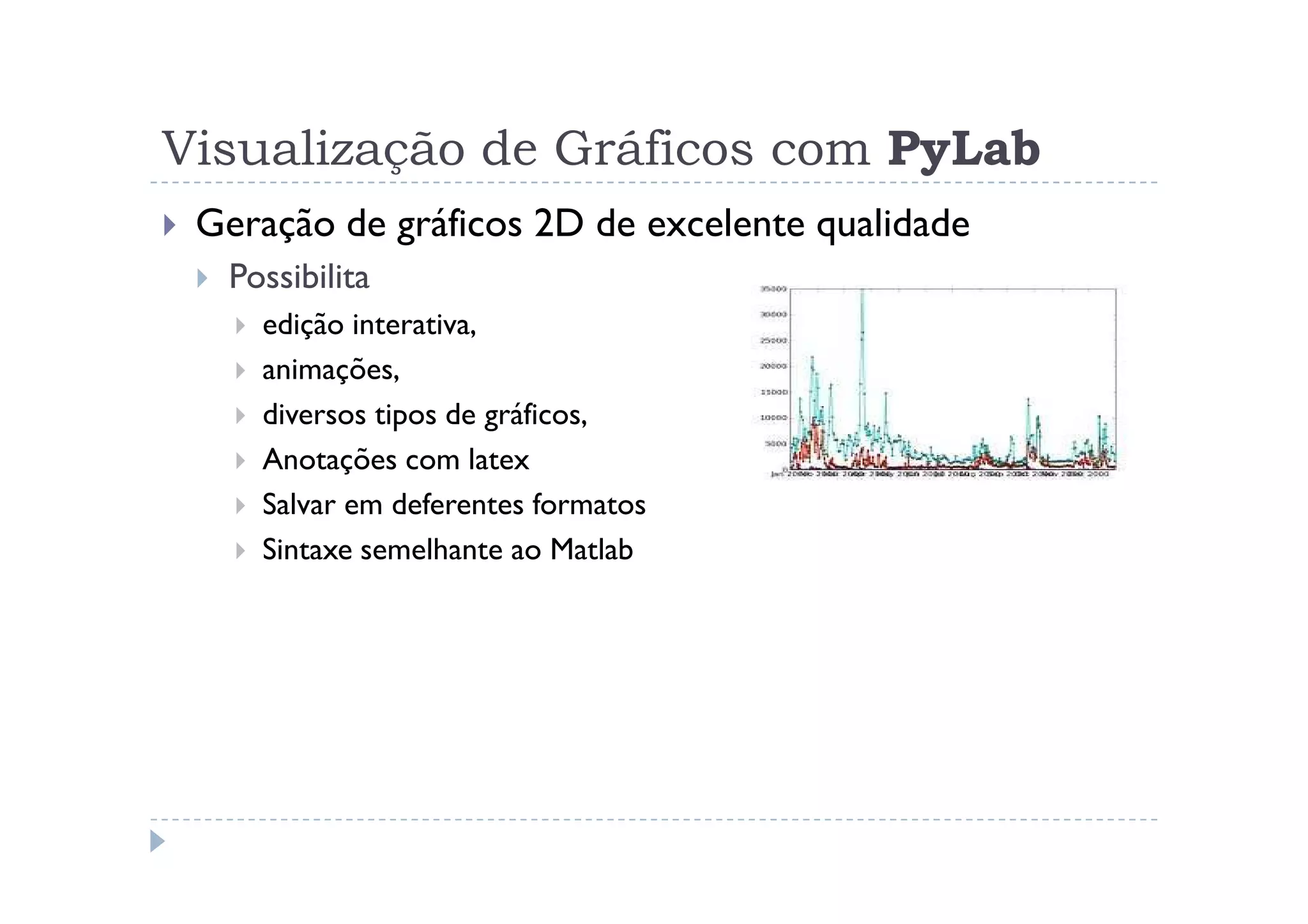 Visualização de Gráficos com PyLab
 Geração de gráficos 2D de excelente qualidade
  Possibilita
    edição interativa,
    animações,
    diversos tipos de gráficos,
    Anotações com latex
    Salvar em deferentes formatos
    Sintaxe semelhante ao Matlab
 