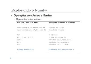 Explorando o NumPy
 Operações com Arrays e Matrizes
  Operações entre vetores
   A-B, A+B, A*B, A/B,A**2            Operações elemento à elemento


   numpy.dot(A,B) ou mat(A)*mat(B)    Produto matricial
   numpy.concatenate((A,B), axis=0)   Concatena vetores


   A[0]                               1° elemento
   A[i][j] ou   A[i,j]                (linha i, coluna j)
   x[2:5]                             Subvetor [x[2],x[3],x[4]]
   x[:5]                              Subvetor [x[0],...,x[4]]
   x[2:]                              Subvetor [x[2],...x[N]]


   x[numpy.where(x>7)]                Elementos em x maiores que 7
 