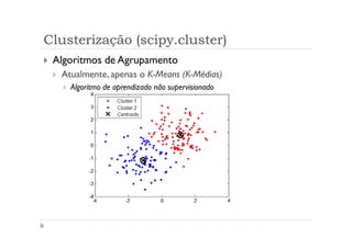Clusterização (scipy.cluster)
 Algoritmos de Agrupamento
  Atualmente, apenas o K-Means (K-Médias)
    Algoritmo de aprendizado não supervisionado
 