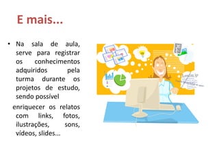 E mais...
• Na sala de aula,
serve para registrar
os conhecimentos
adquiridos pela
turma durante os
projetos de estudo,
sendo possível
enriquecer os relatos
com links, fotos,
ilustrações, sons,
vídeos, slides...
 