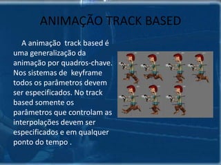 Animação  Script	Os sistemas scripting são as formas mais antigas de controle de movimento e usam linguageminterpretável pelo sistema.B = GeoSphere( ); s = sphere( );animateon(at time 0 ( move b [-100, 0, 0.25]; scale s[1, 1,0.25])at time 35 move b [0, 100, 0]at time 100 ( move b [200, 0, 0]; scale s[1, 1, 3])	)