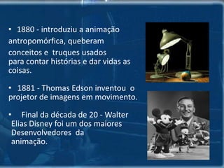 Conceito de Animação	“A arte, ou técnica, de animar desenhos ou bonecos, que consiste em fotografar em seqüência uma série de imagens, feitas de sorte que, ao ser projetado o filme, figuras eObjetos e movam como na ação ao vivo.” Dic. Aurélio.Ato de introduzir a ilusão do movimento a partir da exposição rápida de imagens estáticas.