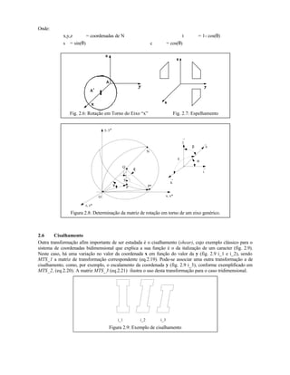 Onde:
x,y,z = coordenadas de N t = 1- cos(θ)
s = sin(θ) c = cos(θ)
Fig. 2.6: Rotação em Torno do Eixo “x” Fig. 2.7: Espelhamento
N
n
→
→
→
i
j
→
k
α
β
γ
Q
P*P
S
x, x*
y, y*
O
φ
θ
z, z*
Figura 2.8: Determinação da matriz de rotação em torno de um eixo genérico.
2.6 Cisalhamento
Outra transformação afim importante de ser estudada é o cisalhamento (shear), cujo exemplo clássico para o
sistema de coordenadas bidimensional que explica a sua função é o da italização de um caracter (fig. 2.9).
Neste caso, há uma variação no valor da coordenada x em função do valor da y (fig. 2.9 i_1 e i_2), sendo
MTS_1 a matriz de transformação correspondente (eq.2.19). Pode-se associar uma outra transformação a de
cisalhamento, como, por exemplo, o escalamento da coordenada y (fig. 2.9 i_3), conforme exemplificado em
MTS_2, (eq.2.20). A matriz MTS_3 (eq.2.21) ilustra o uso desta transformação para o caso tridimensional.
i_1 i_2 i_3
Figura 2.9: Exemplo de cisalhamento
 