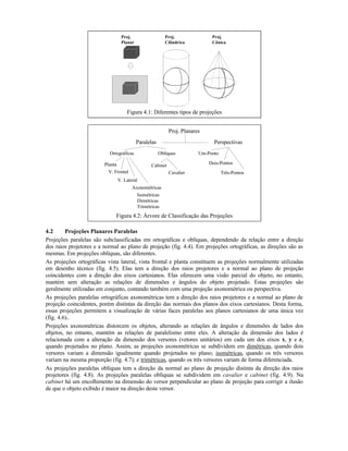 Proj.
Planar
Proj.
Cilindrica
Proj.
Cônica
Figura 4.1: Diferentes tipos de projeções
Proj. Planares
Paralelas Perspectivas
Ortográficas Oblíquas
V. Lateral
V. Frontal
Planta
Axonométricas
Isométricas
Dimétricas
Trimétricas
Cabinet
Cavalier
Um-Ponto
Dois-Pontos
Três-Pontos
Figura 4.2: Árvore de Classificação das Projeções
4.2 Projeções Planares Paralelas
Projeções paralelas são subclassificadas em ortográficas e oblíquas, dependendo da relação entre a direção
dos raios projetores e a normal ao plano de projeção (fig. 4.4). Em projeções ortográficas, as direções são as
mesmas. Em projeções oblíquas, são diferentes.
As projeções ortográficas vista lateral, vista frontal e planta constituem as projeções normalmente utilizadas
em desenho técnico (fig. 4.5). Elas tem a direção dos raios projetores e a normal ao plano de projeção
coincidentes com a direção dos eixos cartesianos. Elas oferecem uma visão parcial do objeto, no entanto,
mantém sem alteração as relações de dimensões e ângulos do objeto projetado. Estas projeções são
geralmente utilizadas em conjunto, contando também com uma projeção axonométrica ou perspectiva.
As projeções paralelas ortográficas axonométricas tem a direção dos raios projetores e a normal ao plano de
projeção coincidentes, porém distintas da direção das normais dos planos dos eixos cartesianos. Desta forma,
essas projeções permitem a visualização de várias faces paralelas aos planos cartesianos de uma única vez
(fig. 4.6)..
Projeções axonométricas distorcem os objetos, alterando as relações de ângulos e dimensões de lados dos
objetos, no entanto, mantém as relações de paralelismo entre eles. A alteração da dimensão dos lados é
relacionada com a alteração da dimensão dos versores (vetores unitários) em cada um dos eixos x, y e z,
quando projetados no plano. Assim, as projeções axonométricas se subdividem em dimétricas, quando dois
versores variam a dimensão igualmente quando projetados no plano; isométricas, quando os três versores
variam na mesma proporção (fig. 4.7); e trimétricas, quando os três versores variam de forma diferenciada.
As projeções paralelas oblíquas tem a direção da normal ao plano de projeção distinta da direção dos raios
projetores (fig. 4.8). As projeções paralelas oblíquas se subdividem em cavalier e cabinet (fig. 4.9). Na
cabinet há um encolhimento na dimensão do versor perpendicular ao plano de projeção para corrigir a ilusão
de que o objeto exibido é maior na direção deste versor.
 