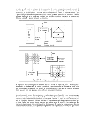 ativação de cada ponto na tela, através de uma matriz de pontos, onde está armazenado o estado de
cada um deles. Assim, o tamanho da memória de pontos é proporcional a resolução da tela. A
modificação da imagem gerada é realizada através da alteração dos valores da matriz de pontos, o que
é realizado pelo controlador de exibição, sob o controle da CPU. Este tipo de arquitetura é a mais
utilizada atualmente e os modernos terminais por varredura permitem a geração de imagens com
altíssima qualidade e grande variedade de elementos.
Controlador
de Exibição
.
.
.
MOVE
10
15
LINE
400
300
.
.
.
Terminal
de Vídeo
CPU
Refresh
Buffer
Teclado
Mouse
Figura 1.3 - Terminal vetorial
0
0
0
0
0
0
0
0 0 0 0 0 0 0
1
0
1
1
1
0
0 1
0
0
0
0
1
Controlador
de Vídeo
Terminal
Controlador
de Exibição
Teclado
Mouse
CPU
0
1
1
0
0
1
1 0
0
0
1
0
0
0
1
1
1
0
0
0
0
Figura 1.4 - Terminal por varredura (Raster).
A arquitetura mais comum para um terminal gráfico é exibida na figura 1.5, onde o frame buffer é
armazenado na memória local do sistema. Como neste caso a transmissão do conteúdo do frame buffer
para o controlador de vídeo é feita através do barramento central, tanto a CPU como o barramento
ficam ocupados com uma operação menos nobre em termos computacionais.
A arquitetura mais comum dos terminais por varredura é exibida na figura 1.6. Neste caso, uma porção
da memória do sistema serve como frame buffer e o controlador de vídeo exibe a imagem armazenada
acessando esta porção da memória através de uma porta separada. A razão de acesso é definida pela
taxa de varredura. Em muitos sistemas, uma porção fixa da memória é alocada permanentemente para
o frame buffer, no entanto, outros sistemas tem várias áreas de memória intercambiáveis. Em
microcomputadores estas porções de memórias são chamadas de páginas e, em geral, duas delas são
usadas como frame buffer, o que permite se implementar um esquema de double buffer, que consiste
 