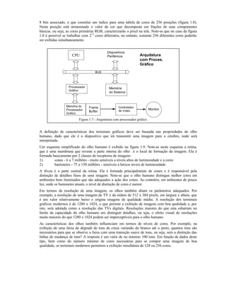 8 bits associado, o que constitui um índice para uma tabela de cores de 256 posições (figura 1.8).
Nesta posição está armazenado o valor da cor que decomposta em frações de suas componentes
básicas, ou seja, as cores primárias RGB, caracterizarão o pixel na tela. Note-se que no caso da figura
1.8 é possível se trabalhar com 212
cores diferentes, no entanto, somente 256 diferentes cores poderão
ser exibidas simultaneamente.
CPU
Memória
do Sistema
BUS
Monitor
Controlador
de Vídeo
Dispositivos
Periféricos
Processador
Gráfico
Frame
Buffer
Memória do
Processador
Gráfico
Arquitetura
com Proces.
Gráfico
Figura 1.7 - Arquitetura com processador gráfico.
A definição de características dos terminais gráficos deve ser baseada nas propriedades do olho
humano, dado que ele é o dispositivo que irá transmitir uma imagem para o cérebro, onde será
interpretada.
Um esquema simplificado do olho humano é exibido na figura 1.9. Note-se neste esquema a retina,
que é uma membrana que reveste a parte interna do olho é o local de formação da imagem. Ela é
formada basicamente por 2 classes de receptores de imagens:
1) cones - 6 a 7 milhões - muito sensíveis a níveis altos de luminosidade e a cores
2) bastonetes - 75 a 150 milhões - sensíveis a baixos níveis de luminosidade
A fóvea é a parte central da retina. Ela é formada principalmente de cones e é responsável pela
distinção de detalhes finos de uma imagem. Note-se que o olho humano distingue melhor cores em
ambientes bem iluminados que são adequados a ação dos cones. Ao contrário, em ambientes de pouca
luz, onde os bastonetes atuam, o nível de distinção de cores é menor.
Em termos da resolução de uma imagem, os olhos também ditam os parâmetros adequados. Por
exemplo, a resolução de uma imagem de TV é da ordem de 512 x 384 pixels, em largura x altura, que
é um valor relativamente baixo e origina imagens de qualidade média. A resolução dos terminais
gráficos modernos é de 1280 x 1024, o que permite a exibição de imagens com boa qualidade e, por
isto, será adotada como a resolução das TVs digitais. Resoluções maiores do que esta esbarram no
limite da capacidade do olho humano em distinguir detalhes, ou seja, o efeito visual de resoluções
muito maiores do que 1280 x 1024 podem ser imperceptíveis para o olho humano.
As características dos olhos também influenciam em termos de níveis de cores. Por exemplo, na
exibição de uma faixa de dégradé de tons de cinza variando do branco até o preto, quantos tons são
necessários para que se observe a faixa com uma transição suave de tons, ou seja, sem a distinção das
linhas de mudança de tons? A resposta é um valor de no mínimo 100 tons. Em função de dados deste
tipo, bem como do número mínimo de cores necessárias para se compor uma imagem de boa
qualidade, os terminais modernos permitem a exibição simultânea de 128 ou 256 cores.
 