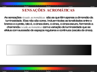 SENSAÇÕES ACROMÁTICAS As sensações  visuais acromáticas  são as que têm apenas a dimensão da luminosidade. Elas não são cores. Incluem todas as tonalidades entre o branco e o preto, isto é, o cinza-claro, o cinza, o cinza-escuro, formando a chamanda  escala acromática  com a variação de luminosidade que se efetua com sucessão de espaços regulares e contínuos (escala de cinza).                                                                       
