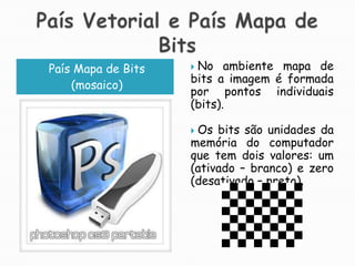 País Vetorial e País Mapa de BitsNo ambiente mapa de bits a imagem é formada por pontos individuais (bits).Os bits são unidades da memória do computador que tem dois valores: um (ativado – branco) e zero (desativado – preto).País Mapa de Bits(mosaico)