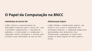 O Papel da Computação na BNCC
Habilidades do Século XXI
A BNCC enfatiza o desenvolvimento de
habilidades essenciais para o século XXI, como
o pensamento computacional, a resolução de
problemas, a criatividade e a colaboração. A
computação oferece ferramentas e recursos para
estimular essas habilidades em sala de aula.
Alfabetização Digital
A BNCC defende a alfabetização digital, que
envolve o uso crítico e responsável das
tecnologias digitais. A computação proporciona
oportunidades para desenvolver essa
alfabetização, preparando os alunos para
navegar no mundo digital de forma segura e
eficaz.
 