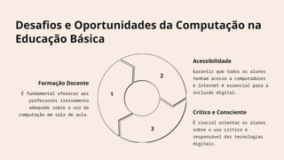 Desafios e Oportunidades da Computação na
Educação Básica
Formação Docente
É fundamental oferecer aos
professores treinamento
adequado sobre o uso da
computação em sala de aula.
1
Acessibilidade
Garantir que todos os alunos
tenham acesso a computadores
e internet é essencial para a
inclusão digital.
2
Crítico e Consciente
É crucial orientar os alunos
sobre o uso crítico e
responsável das tecnologias
digitais.
3
 