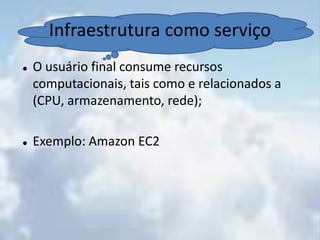 Tipos de ServiçosExistem 3 modelos de serviços nas nuvens predominantes: