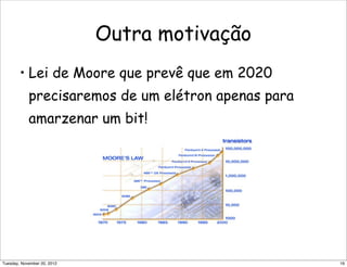 Outra motivação
• Lei de Moore que prevê que em 2020
precisaremos de um elétron apenas para
amarzenar um bit!
16Tuesday, November 20, 2012
 