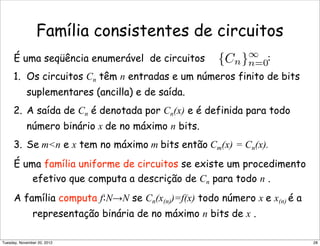 É uma seqüência enumerável de circuitos :
1. Os circuitos Cn têm n entradas e um números finito de bits
suplementares (ancilla) e de saída.
2. A saída de Cn é denotada por Cn(x) e é definida para todo
número binário x de no máximo n bits.
3. Se m<n e x tem no máximo m bits então Cm(x) = Cn(x).
É uma família uniforme de circuitos se existe um procedimento
efetivo que computa a descrição de Cn para todo n .
A família computa f:N→N se Cn(x(n))=f(x) todo número x e x(n) é a
representação binária de no máximo n bits de x .
Família consistentes de circuitos
{Cn}∞
n=0
28Tuesday, November 20, 2012
 
