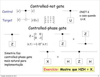 Controlled-not gate
Control
Target U
Controlled-phase gate
Z
Exercício: Mostre que HZH = X.
Z
Z
=
Simetria faz
controlled-phase gate
mais natural para
implementação
X
=
ZH H
CNOT é
o caso quando
U=X
41Tuesday, November 20, 2012
 
