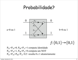 Probabilidade?
P01=P10=0, P00=P11=1 computa identidade
P01=P10=1, P00=P11=0 computa um NOT
P01=P10=P00=P11=0.5 resulta 0 e 1 aleatoriamente
a=0 ou 1
ƒ:{0,1}→{0,1}
b=0 ou 1
51Tuesday, November 20, 2012
 