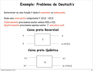 Exemplo: Problema de Deutsch’s
Caixa preta Reversível
Caixa preta Quântica
Determinar se uma função f dada é constante ou balanceada.
Dada uma caixa preta computando f :{0,1} →{0,1}
Classicamente precisamos avaliar ambos f(0) e f(1)
Quanticamente precisamos apenas avaliar f uma única vez!
58Tuesday, November 20, 2012
 