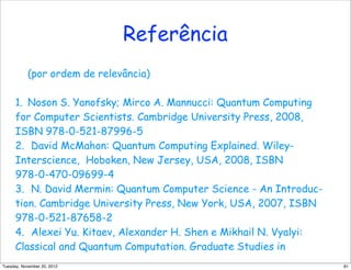 Referência
(por ordem de relevância)
1. Noson S. Yanofsky; Mirco A. Mannucci: Quantum Computing
for Computer Scientists. Cambridge University Press, 2008,
ISBN 978-0-521-87996-5
2. David McMahon: Quantum Computing Explained. Wiley-
Interscience, Hoboken, New Jersey, USA, 2008, ISBN
978-0-470-09699-4
3. N. David Mermin: Quantum Computer Science - An Introduc-
tion. Cambridge University Press, New York, USA, 2007, ISBN
978-0-521-87658-2
4. Alexei Yu. Kitaev, Alexander H. Shen e Mikhail N. Vyalyi:
Classical and Quantum Computation. Graduate Studies in
81Tuesday, November 20, 2012
 