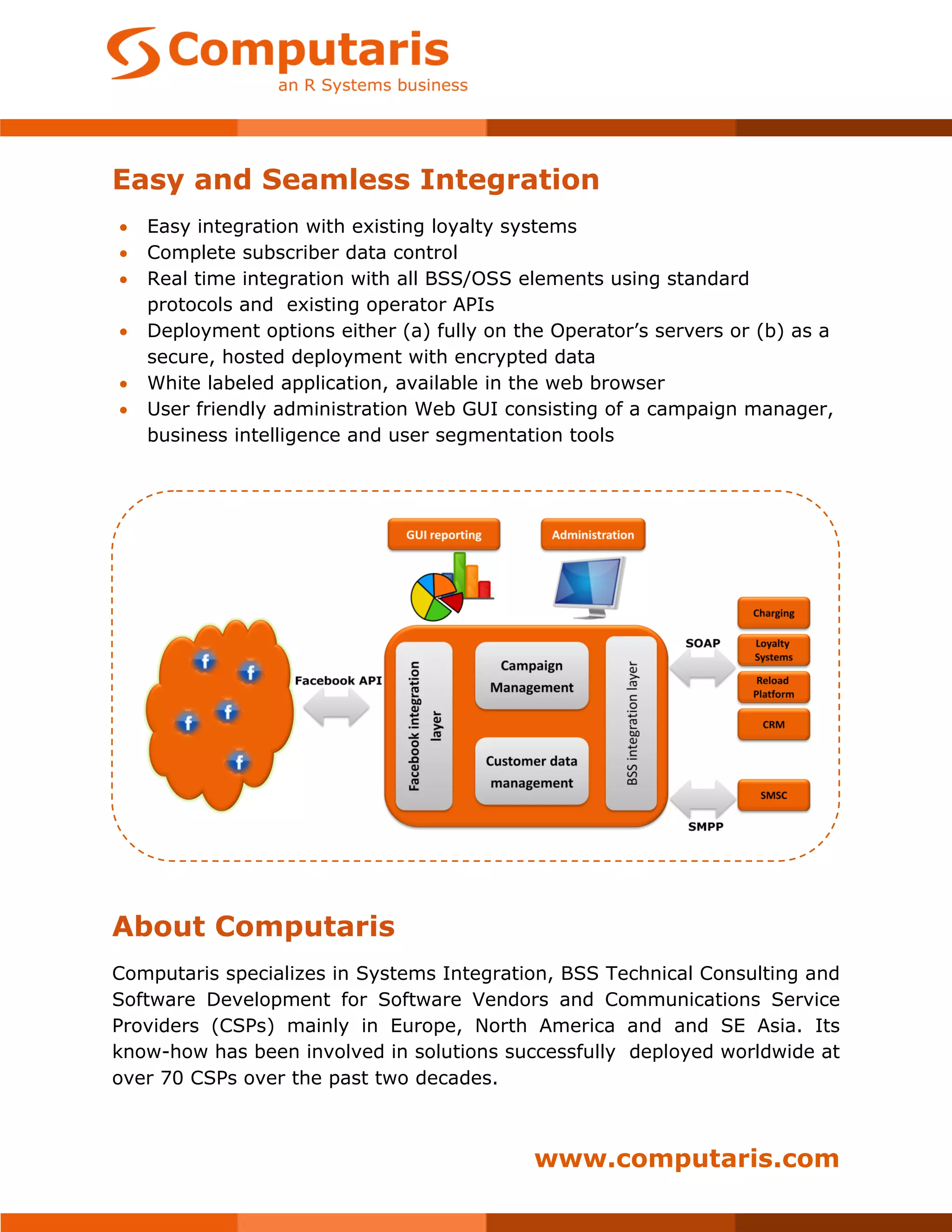 Easy and Seamless Integration
   Easy integration with existing loyalty systems
   Complete subscriber data control
   Real time integration with all BSS/OSS elements using standard
    protocols and existing operator APIs
   Deployment options either (a) fully on the Operator’s servers or (b) as a
    secure, hosted deployment with encrypted data
   White labeled application, available in the web browser
   User friendly administration Web GUI consisting of a campaign manager,
    business intelligence and user segmentation tools




About Computaris
Computaris specializes in Systems Integration, BSS Technical Consulting and
Software Development for Software Vendors and Communications Service
Providers (CSPs) mainly in Europe, North America and and SE Asia. Its
know-how has been involved in solutions successfully deployed worldwide at
over 70 CSPs over the past two decades.



                                             www.computaris.com
 