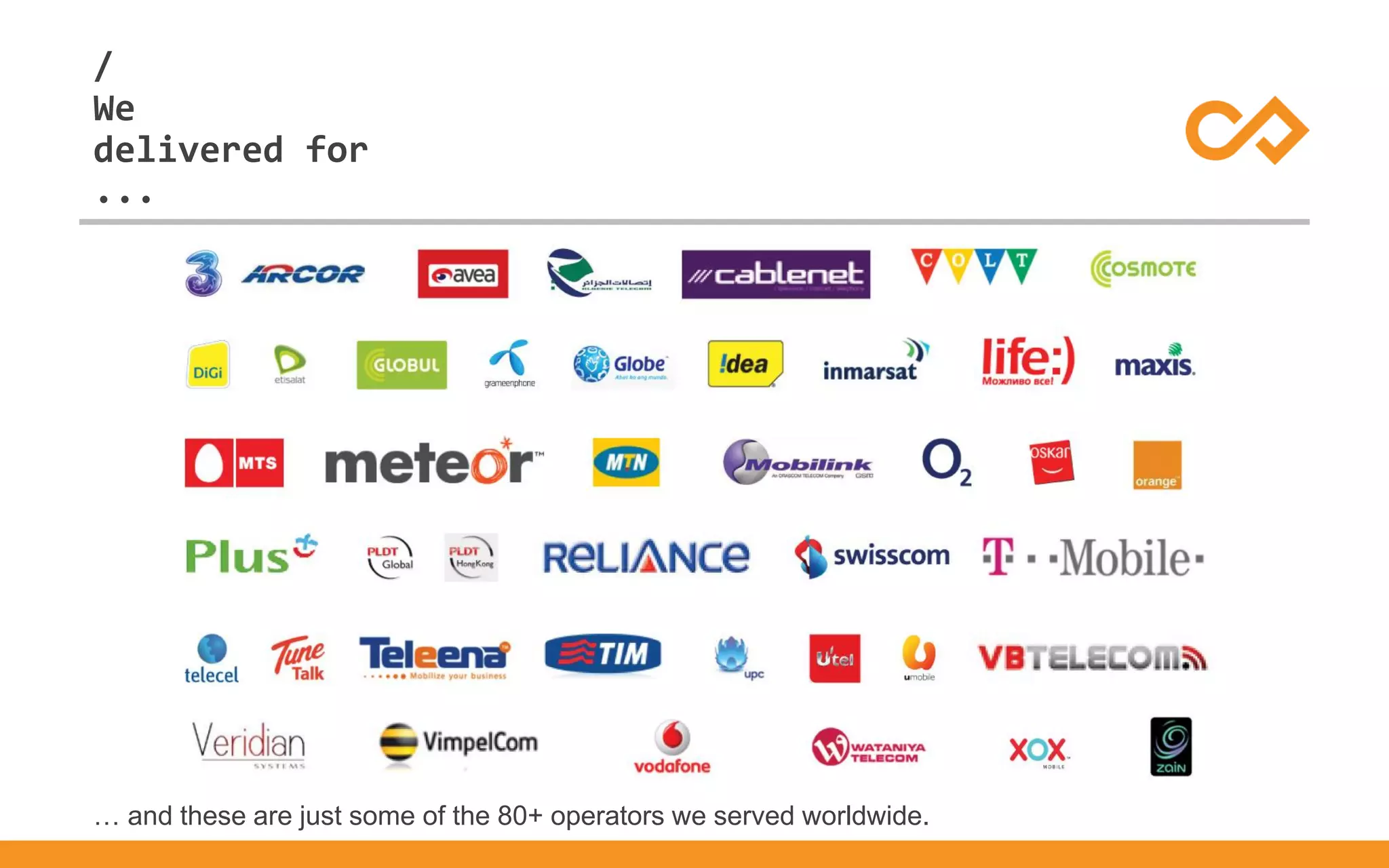 /
...
We
delivered for
… and these are just some of the 80+ operators we served worldwide.
 
