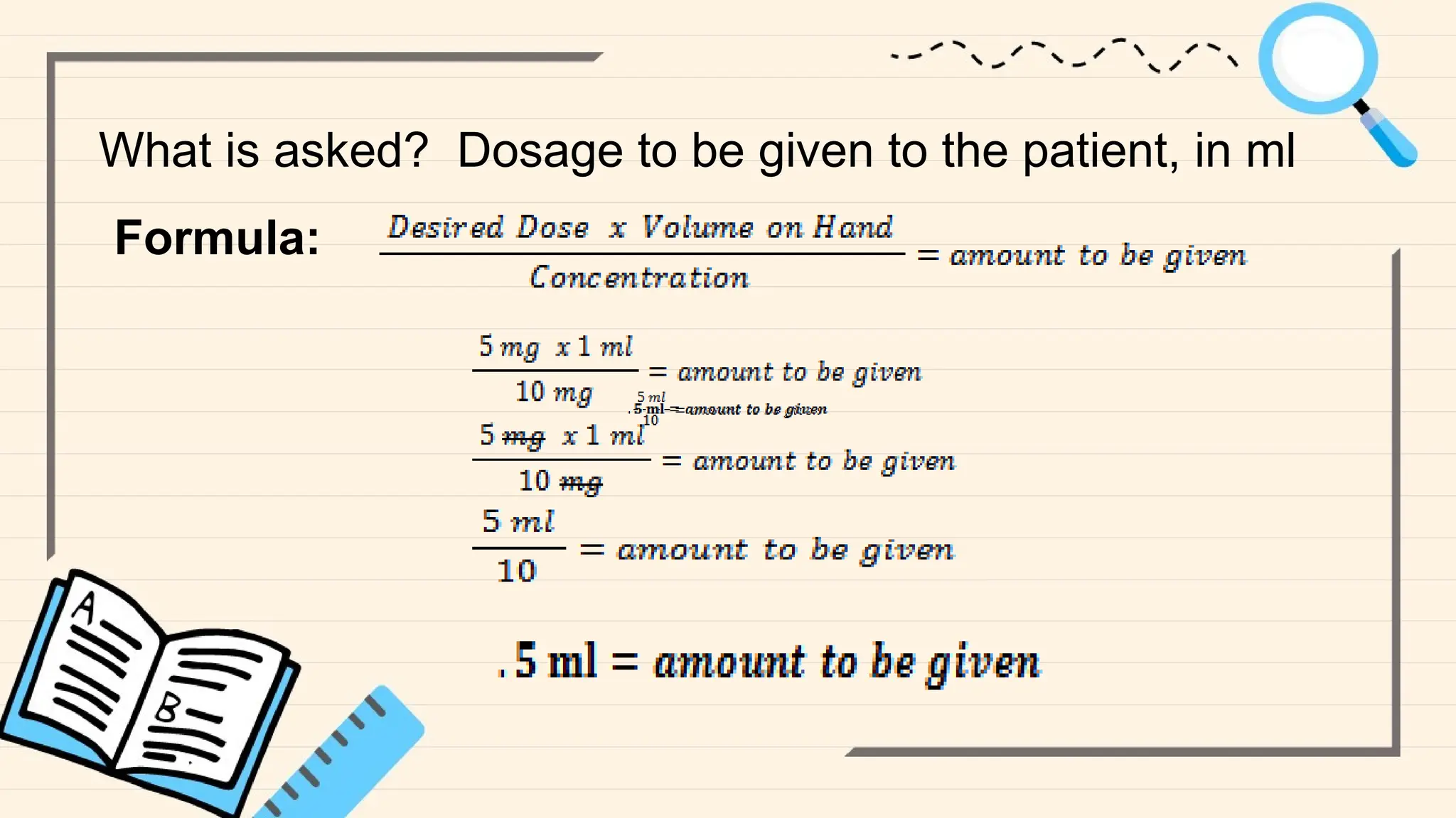What is asked? Dosage to be given to the patient, in ml
Formula:
 
