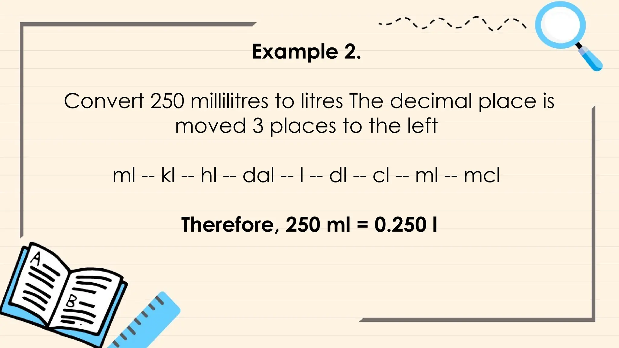 Example 2.
Convert 250 millilitres to litres The decimal place is
moved 3 places to the left
ml -- kl -- hl -- dal -- l -- dl -- cl -- ml -- mcl
Therefore, 250 ml = 0.250 l
 